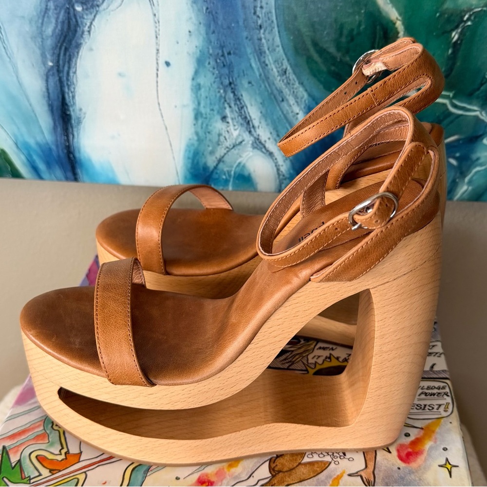 Women’s Tan Leather Platform Wedge Sandals with Ankle Strap